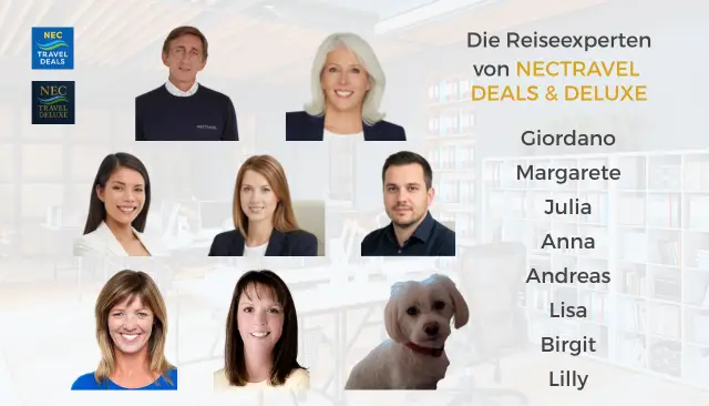 Reiseexperten von NECTRAVEL DEALS & DELUXE – Giordano, Margarete, Julia, Anna, Andreas, Lisa, Birgit und Lilly beraten persönlich für exklusive Reisen weltweit