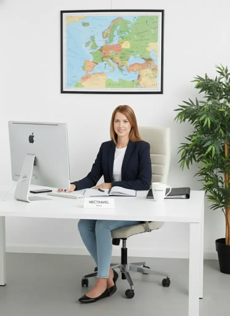 Anna, erfahrene Reiseexpertin für Griechenland bei NECTRAVELDEALS, sitzt am modernen Büroschreibtisch und präsentiert exklusive Urlaubstipps.