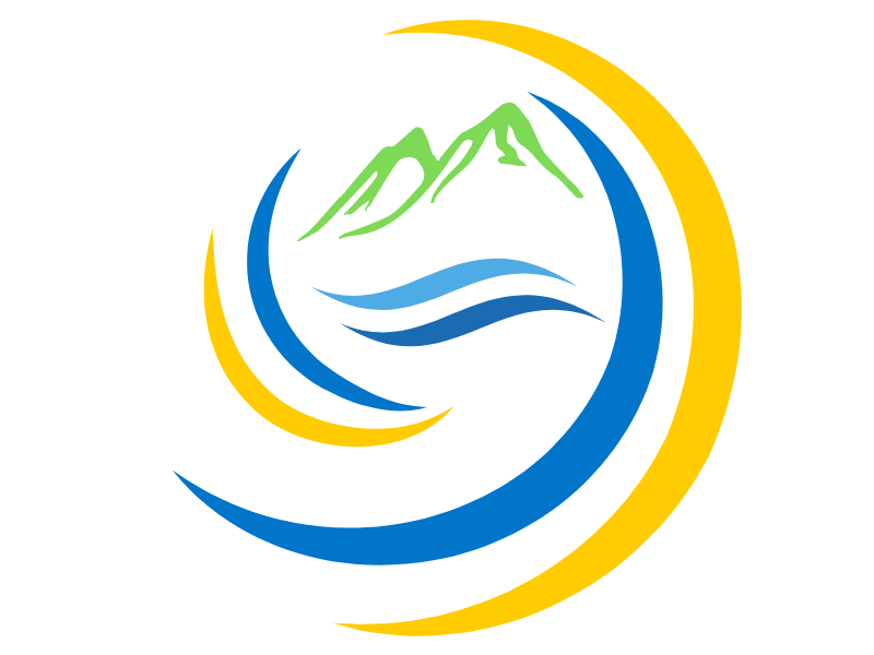 Logo von NECTRAVELDEALS. Sonne, Berge und Meer. Farben: Blau, Gelb, Gruen.