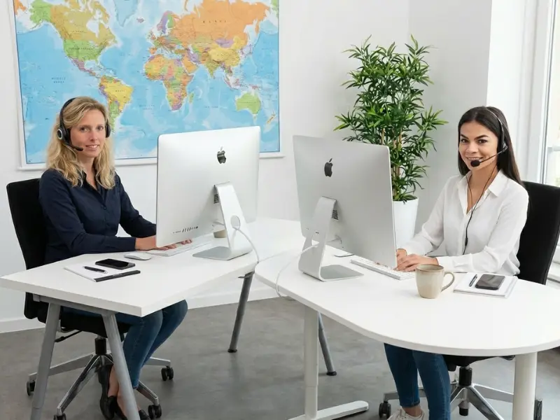 Zwei Kundenberater bei NECTRAVELDEALS im modernen Büro – mit Headsets, Apple‑Computern und Weltkarte im Hintergrund, bereit für internationale Reiseberatung
