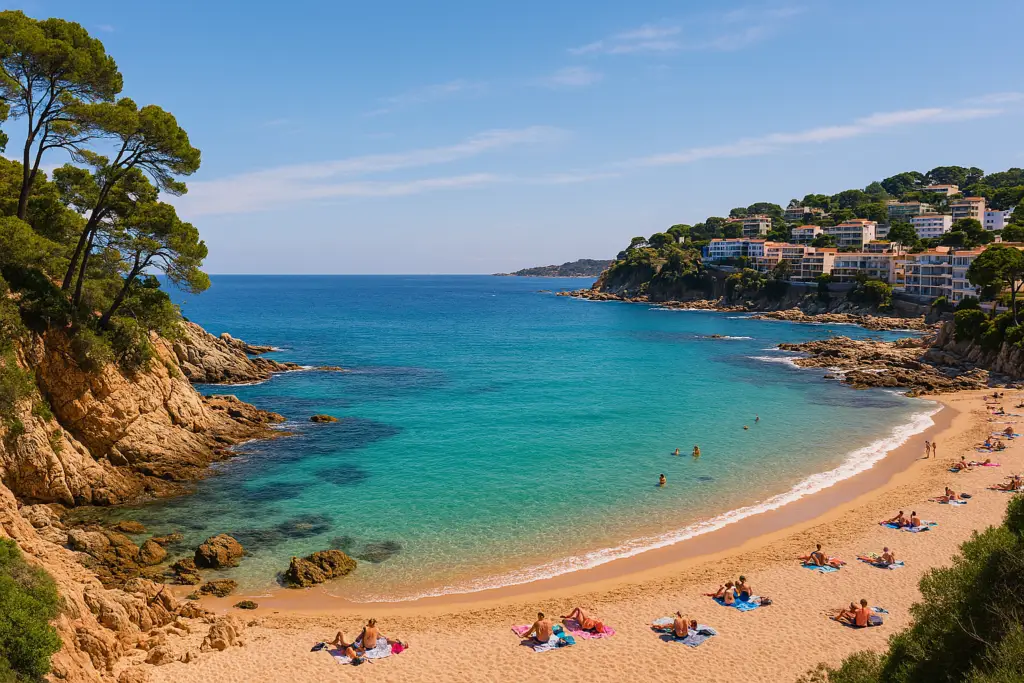 Panoramablick auf die mediterrane Küste Spaniens mit goldener Sandbucht, türkisblauem Meer und Pinienhängen – ideal für Strandurlaub am Festland.